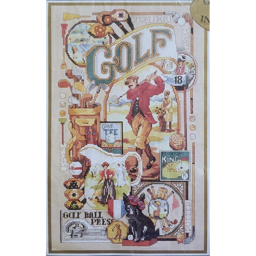 Bucilla Golfing Memorabilia Collage Sampler 1998 Counted Cross Stitch Kit 42075 - Picture 2 of 3